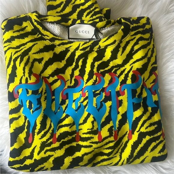 Authentic GUCCI men cotton long sleeve shirt yellow tiger print - Picture 1 of 7